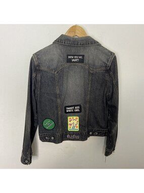 Gap Woman L Black Denim Girl Pwr Drinking Patches Jacket Irish Grunge Biker